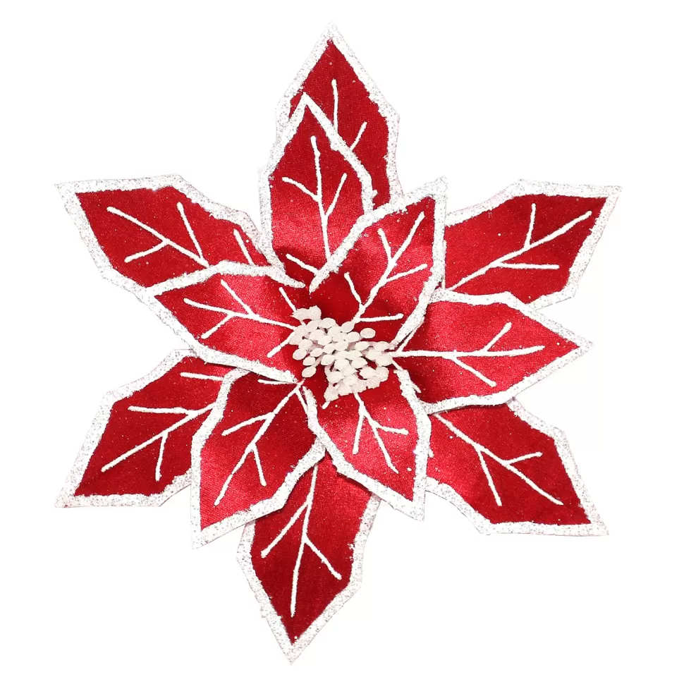 Christmas Forever POINSETTIA HEAD RED 12″ VELVET W/WHITE GLTR. & CLIP