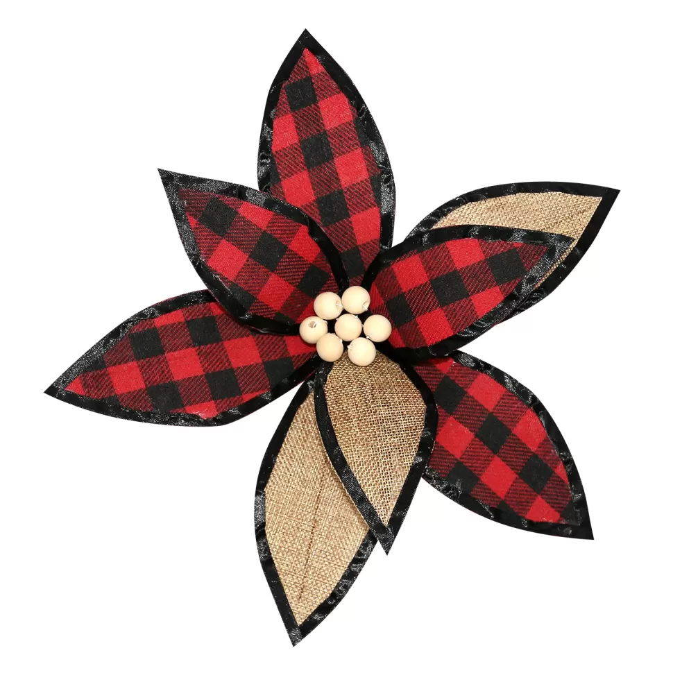 Christmas Forever POINSETTIA HEAD RED /BLACK NAT. 12″ PLAID/ BURLAP W/CLIP