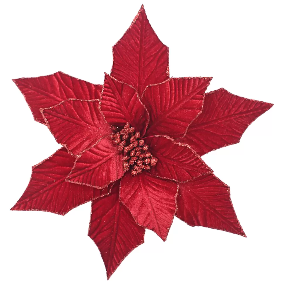 Christmas Forever POINSETTIA HEAD RED /DEEP RED 12.5″ VELVET W/ CLIP