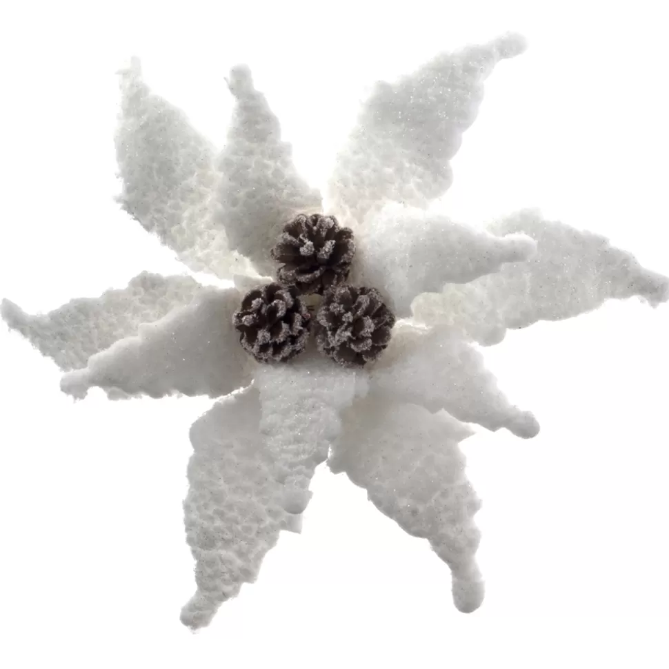 Christmas Forever POINSETTIA HEAD WHITE 11″ PLUSH FABRIC FROSTED W/ CONES & CLIP