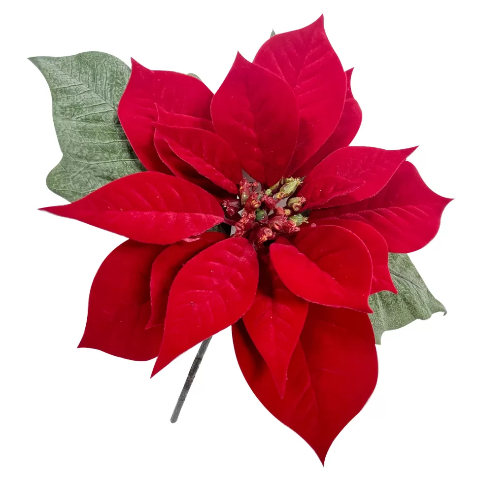 Christmas Forever POINSETTIA STEM RED 12″ DELUXE VELVET W/ 12″ STEM