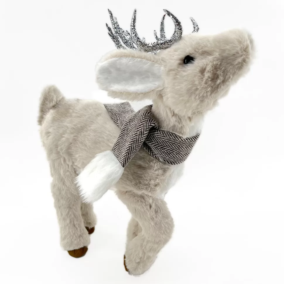Christmas Forever REINDEER BEIGE STANDING 14″ FUR W/ BROWN SCARF