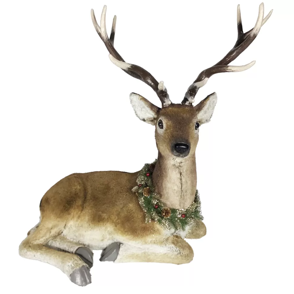 Christmas Forever REINDEER SITTING FAUX FUR NATURAL 34.5″x18.5″x31.5″ W/ PINE & CONE