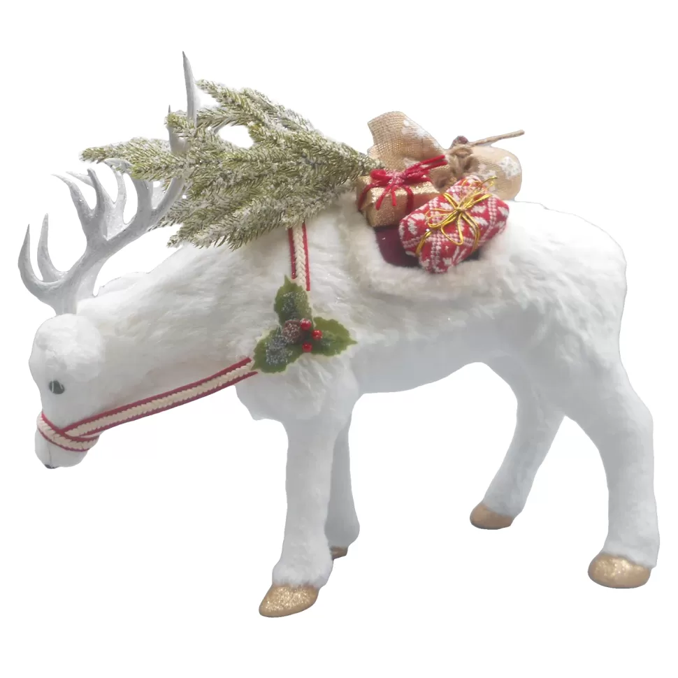 Christmas Forever REINDEER STANDING 21.5″x17.5″ WHITE W/ GIFTS AND SNOWED PINE