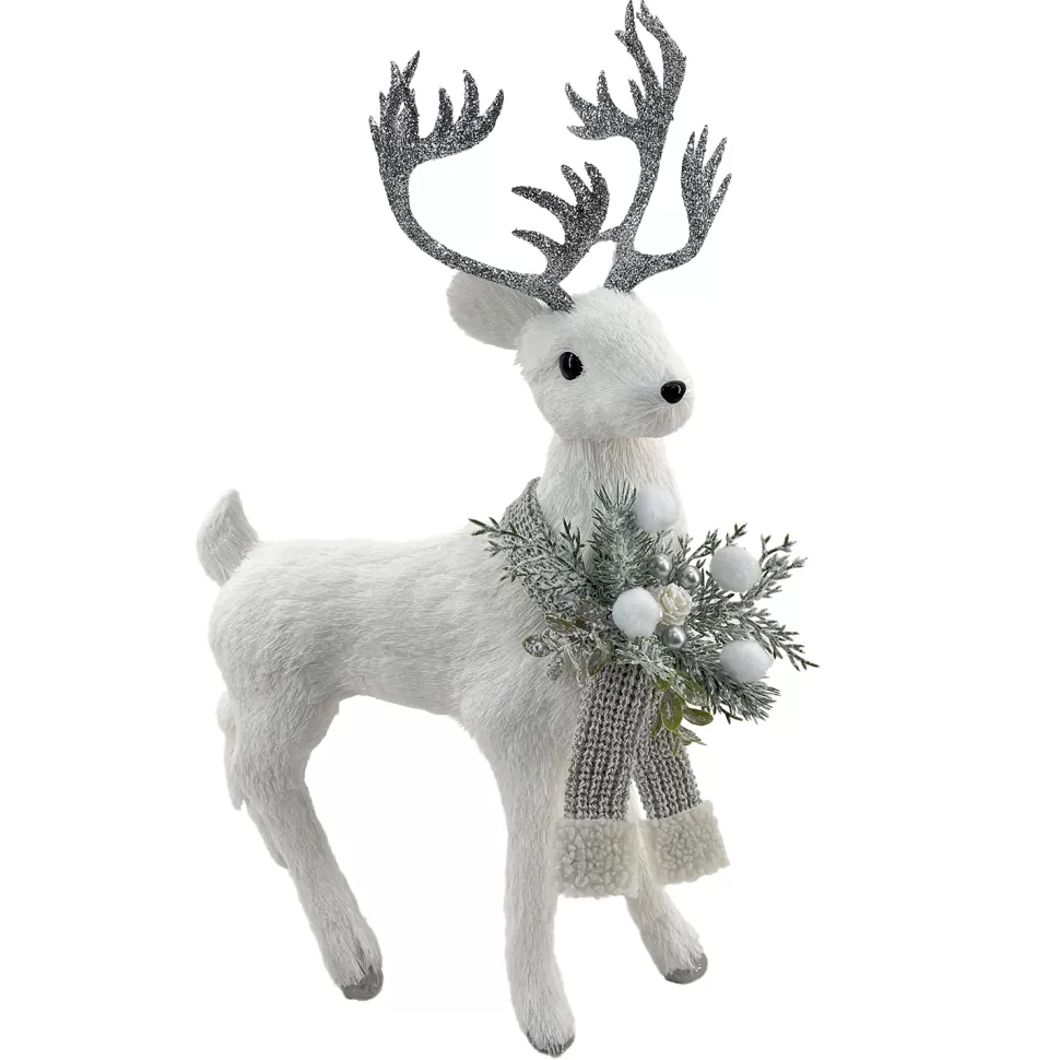 Christmas Forever REINDEER STANDING FAUX GRASS WHITE 15″x19.5″ W/ SCARF, FROSTED PINE & BERRIES