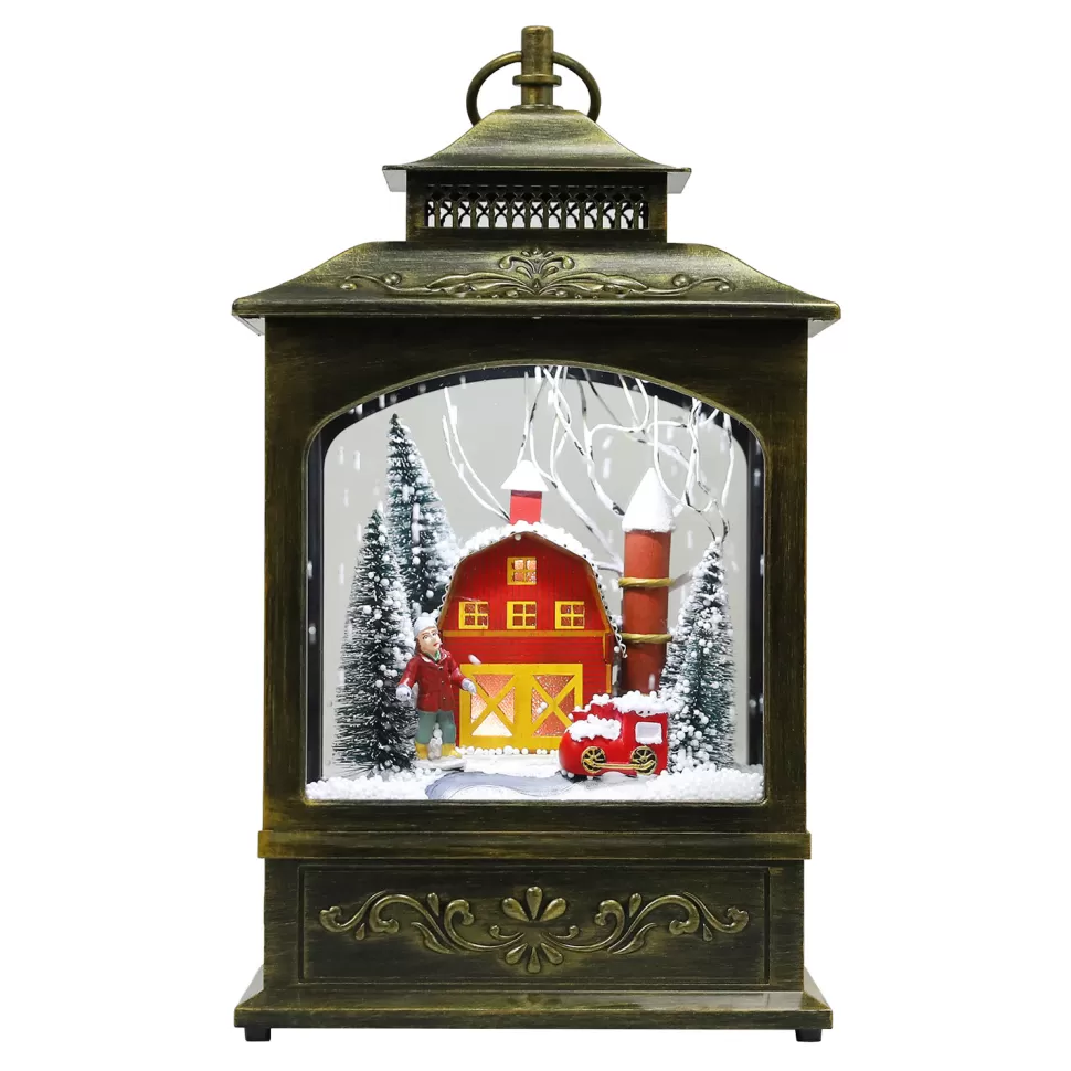 Christmas Forever RETRO LANTERN WITH BARNHOUSE SNOWING SCENE 17″