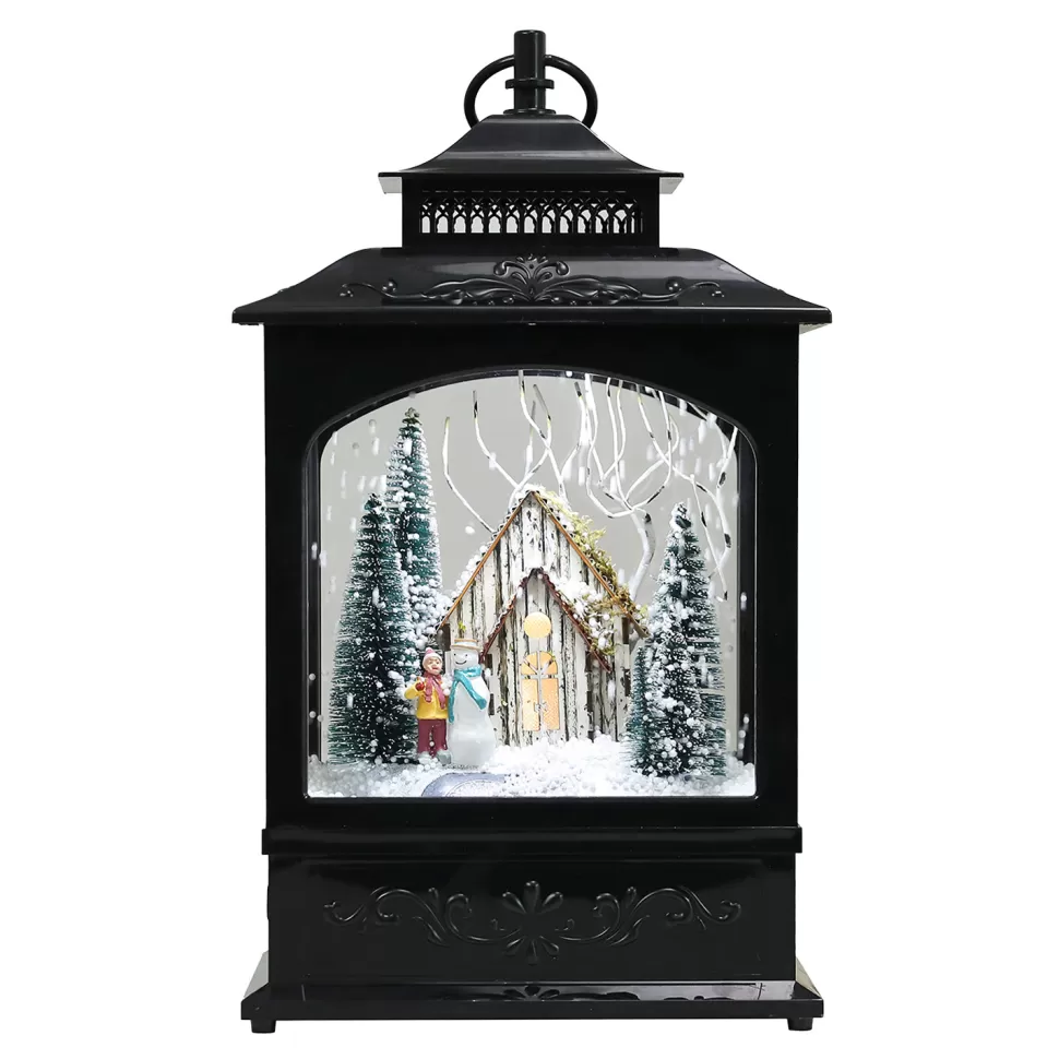 Christmas Forever RETRO LANTERN WITH CABIN SNOWING SCENE 17″