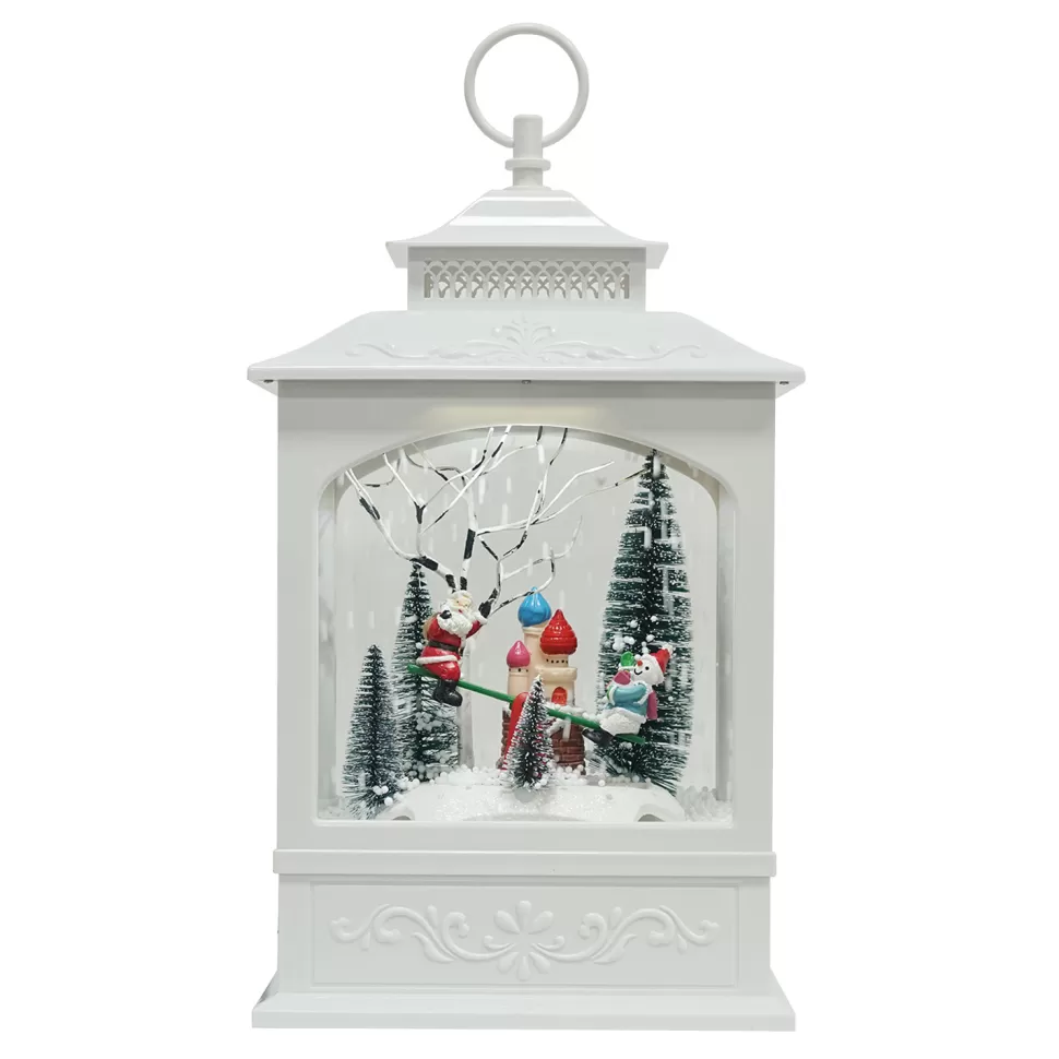 Christmas Forever RETRO LANTERN WITH SANTA & SNOWMAN SEE-SAW SNOWING SCENE 17″