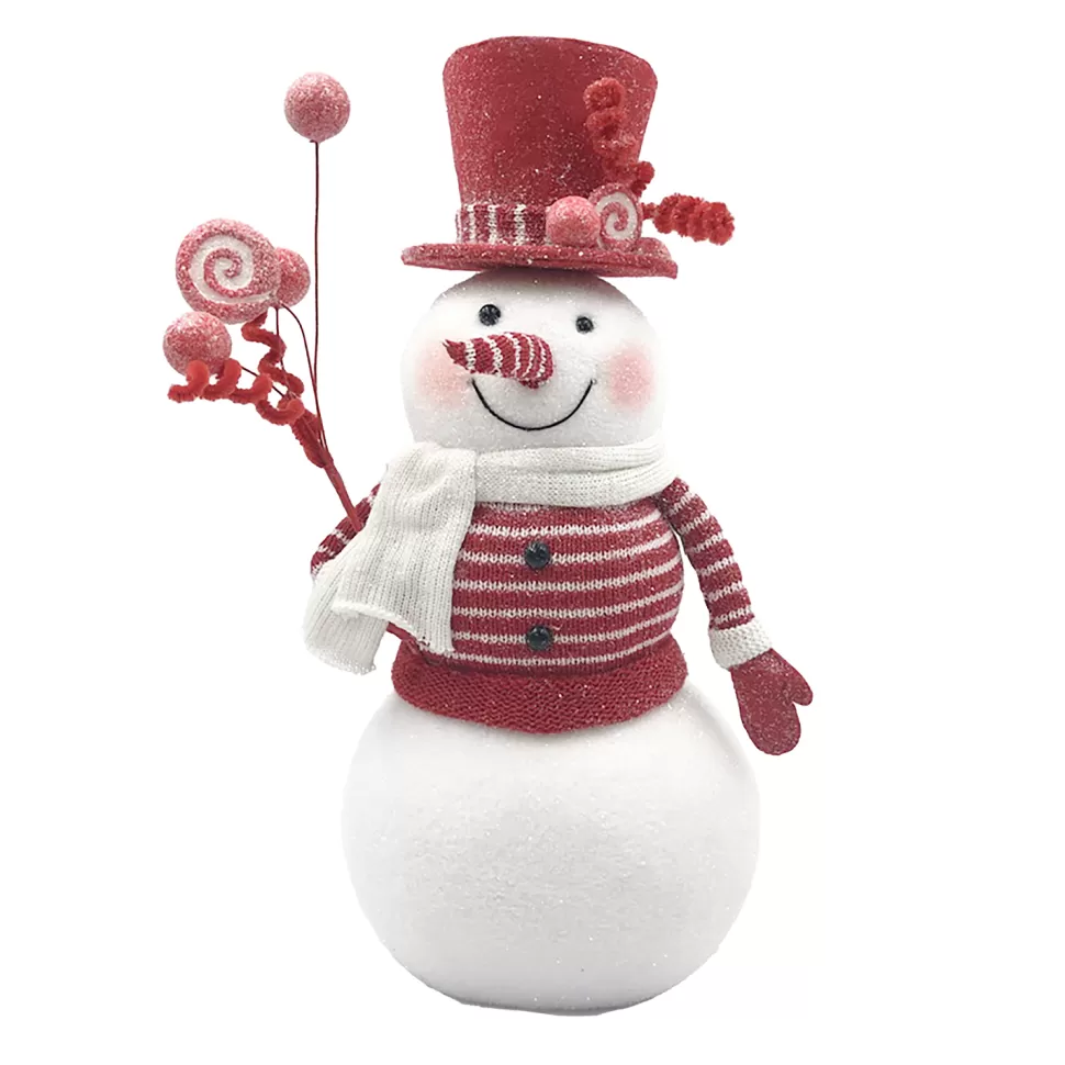 Christmas Forever SNOWMAN STANDING 14.5″ RED/WHITE HOLDING SWIRLS GLITTER