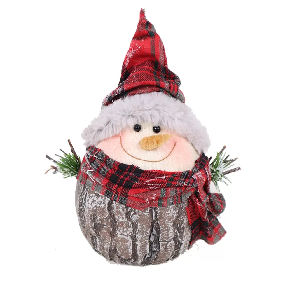 Christmas Forever SNOWMAN WOOD LOOK 6″ FROSTED W/ SCARF & SANTA HAT RED PLAID