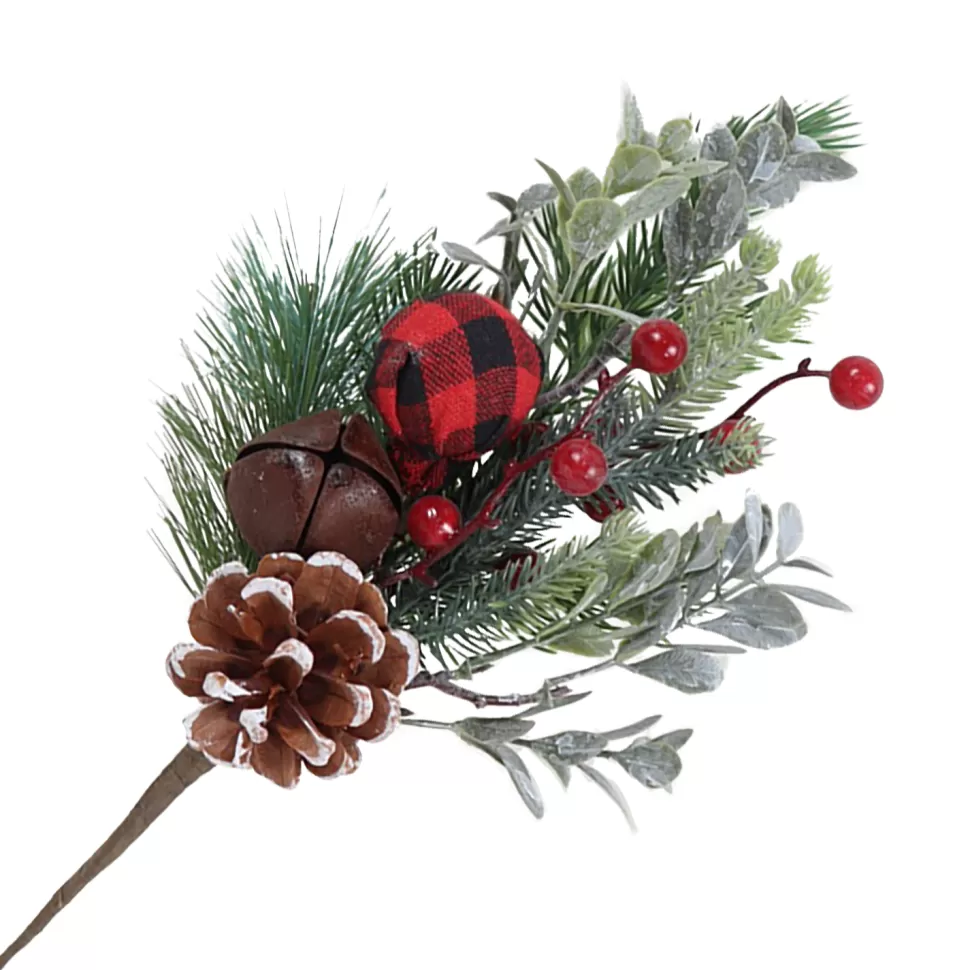 Christmas Forever SPRAY FLOCKED PINE 12″ RED PLAID BALL W/ BELLS & CONE