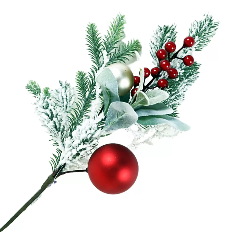 Christmas Forever SPRAY FLOCKED PINE 18″ RED BERRIES W/ BALLS RED/GREEN/GOLD