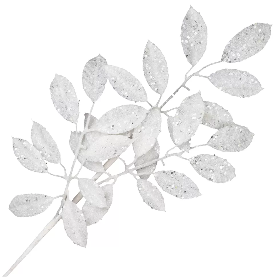 Christmas Forever SPRAY LEAVES 33″ WHITE W/ SILVER GLITTER