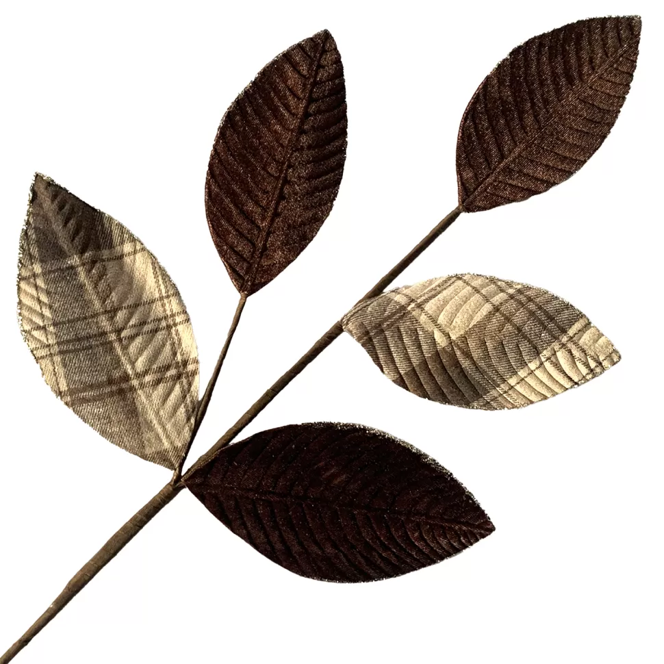 Christmas Forever SPRAY LEAVES FABRIC 26″ 2-TONE VELVET PLAID /BROWN GLITTER EDGE