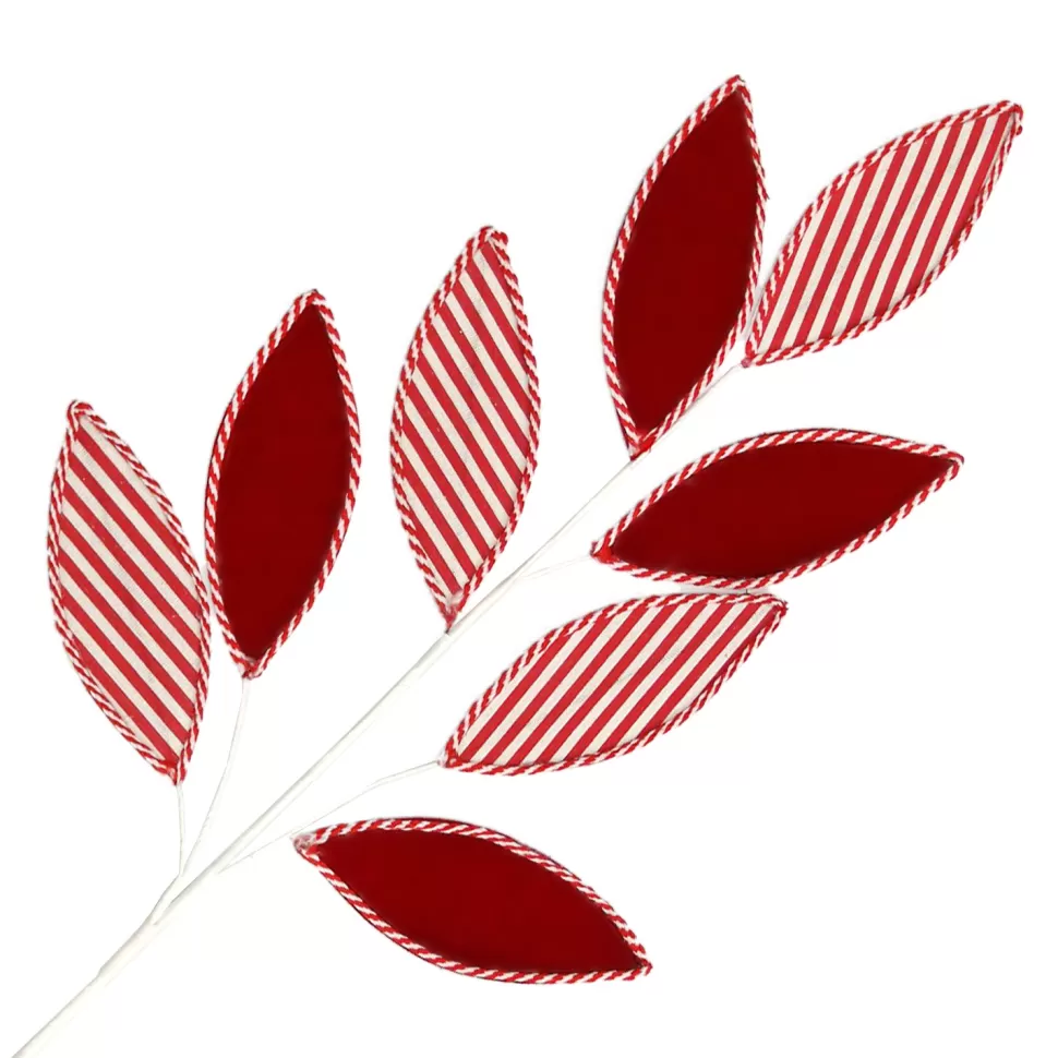 Christmas Forever SPRAY LEAVES FABRIC 30.5″ RED/WHITE VELVET STRIPED