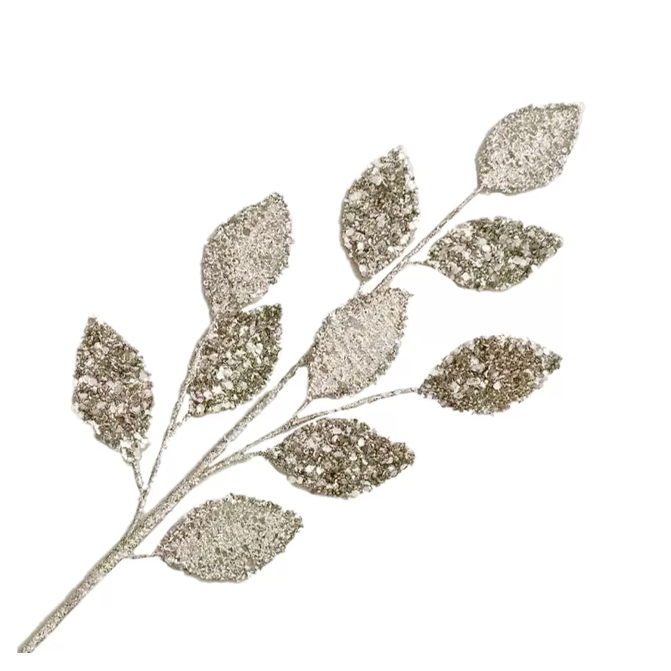 Christmas Forever SPRAY LEAVES FABRIC 30″ PLATINUM W/ BEADS GLITTER & SEQUINS