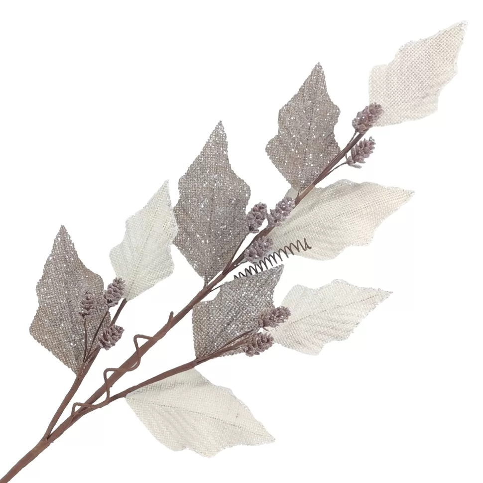 Christmas Forever SPRAY LEAVES HOLLY 32 NATURAL/CREAM FROSTED W/ PINECONES