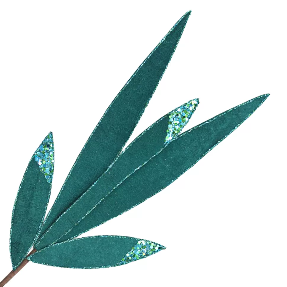 Christmas Forever SPRAY LEAVES LONG 22.5″ PEACOCK VELVET W/ GLITTER