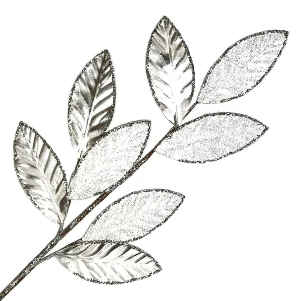 Christmas Forever SPRAY LEAVES METALLIC 28.5″ SILVER FABRIC W/ GLITTER