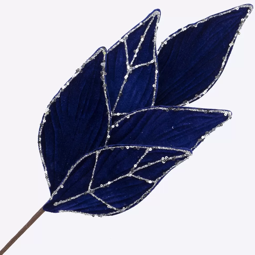 Christmas Forever SPRAY LEAVES VELVET 22″ ROYAL BLUE W/ SILVER GLITTER