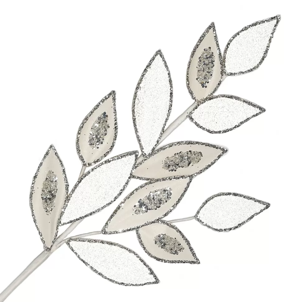 Christmas Forever SPRAY LEAVES VELVET 30.5″ WHITE/ SILVER W/ GLTR & SEQUIN