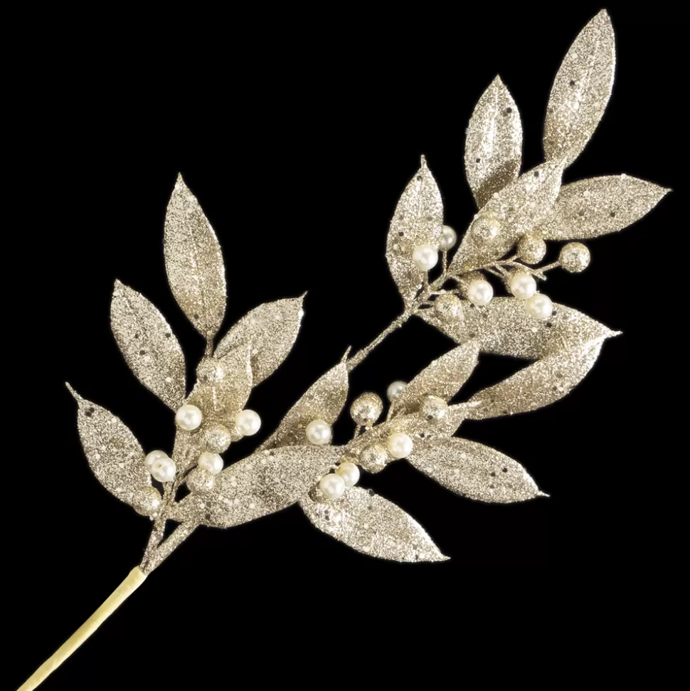 Christmas Forever SPRAY PEARLS W/ LEAVES 26″ CHAMPAGNE GLITTER