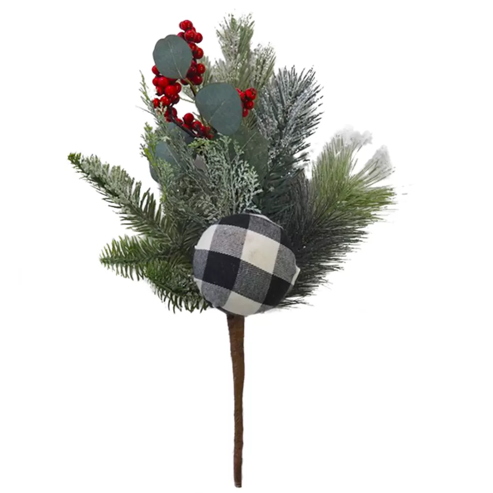 Christmas Forever SPRAY PINE 16″ BALL/FLOCKED MIXED PINE W/PLAID (BLK&GREY)/RED BALLS