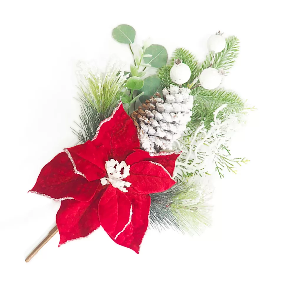 Christmas Forever SPRAY RED POINSETTIA 16″/MINI POD /MIXED GREENERY W/ BERRIES FLOCKED