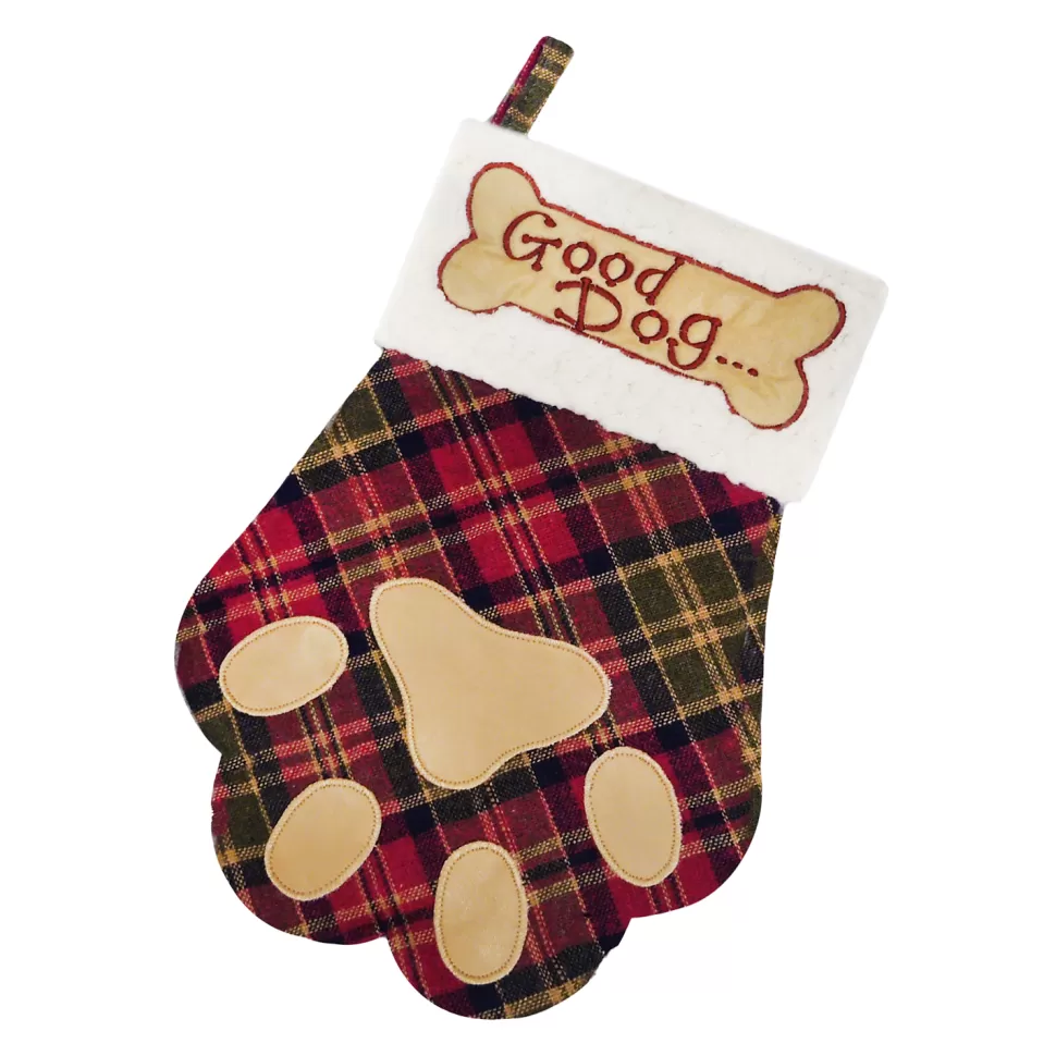 Christmas Forever STOCKING 13″ PLAID RED/GREEN PLAID W/ LEATHER APPLIQUE, SHERPA CUFF W/ PAW EMBROIDERY