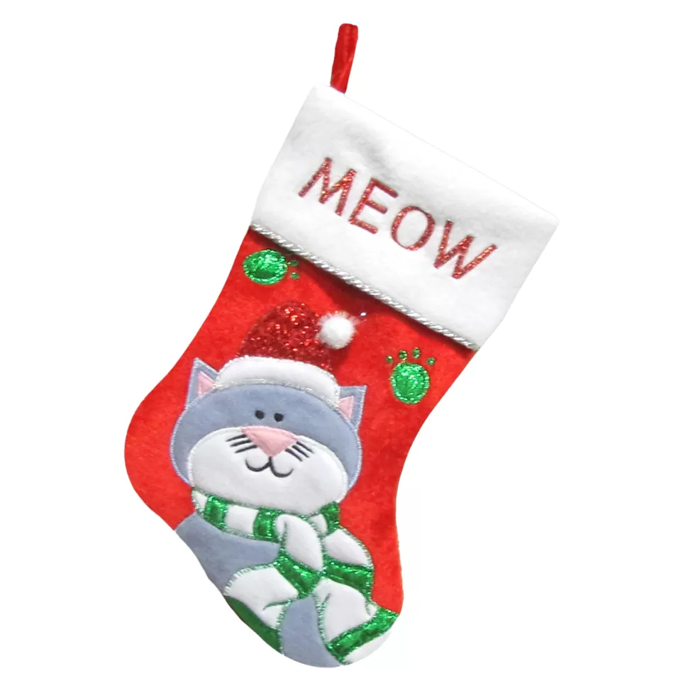 Christmas Forever STOCKING 13″ RED VELVET W/ METALLIC CAT APPLIQUE, FLEECE CUFF W/ EMBROIDERY & METALLIC CORD