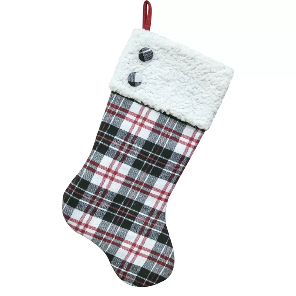 Christmas Forever STOCKING 20.5″ BLACK/ WHITE/ RED PLAID W/ SHERPA CUFF & BUTTONS