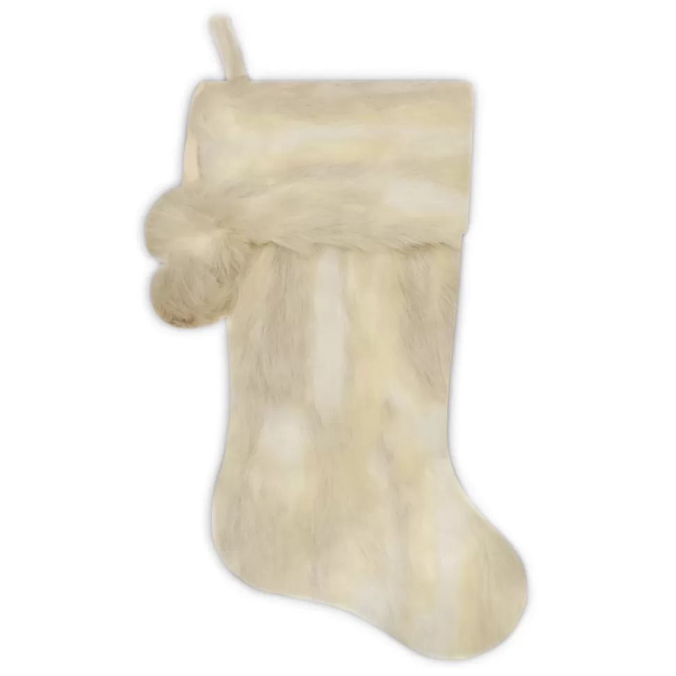 Christmas Forever STOCKING 20.5″ DELUXE ALL IVORY FAUX FUR WITH FAUX FUR POMS POMS