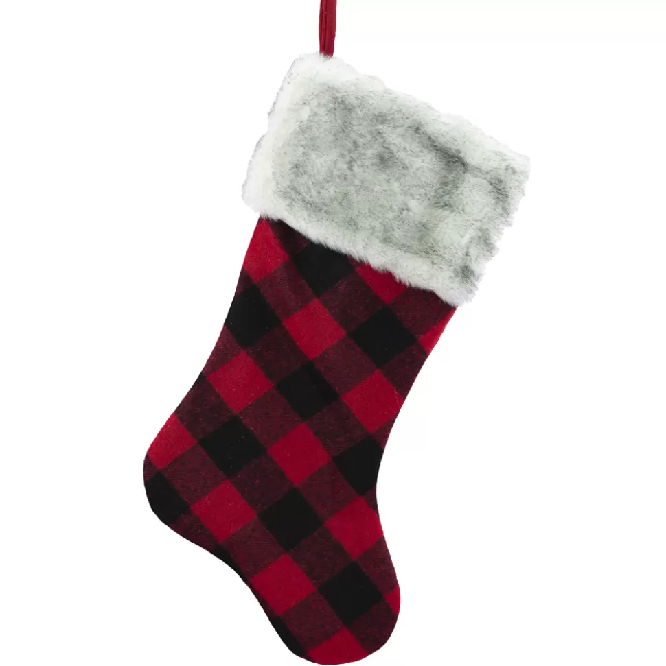 Christmas Forever STOCKING 20.5″ RED/ BLACK BUFFALO PLAID FUR CUFF