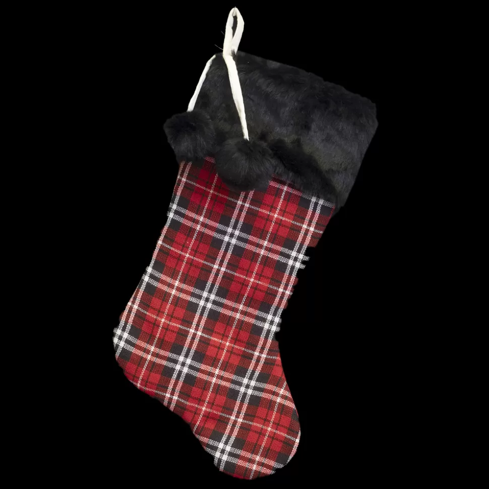 Christmas Forever STOCKING 20.5″ RED/ BLACK PLAID BLACK FAUX FUR CUFF AND POM POMS