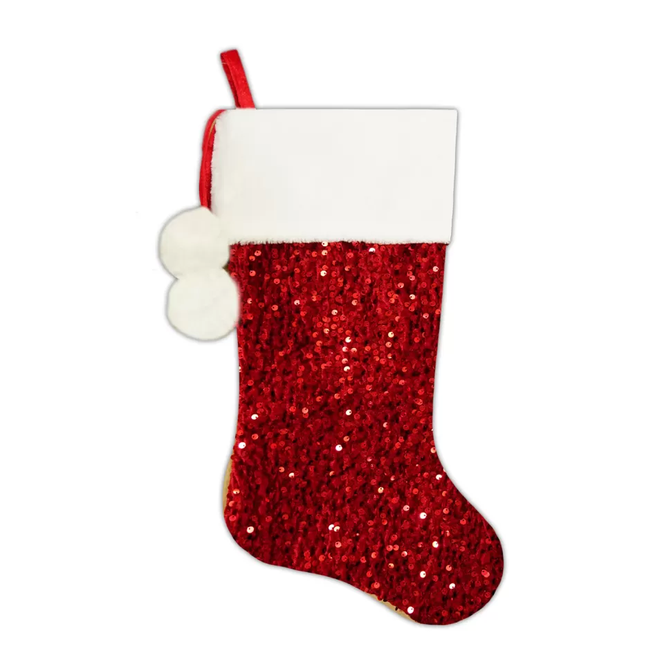 Christmas Forever STOCKING 20.5″ RED SEQUIN VELVET W/ FAUX FUR CUFF & POMS POMS