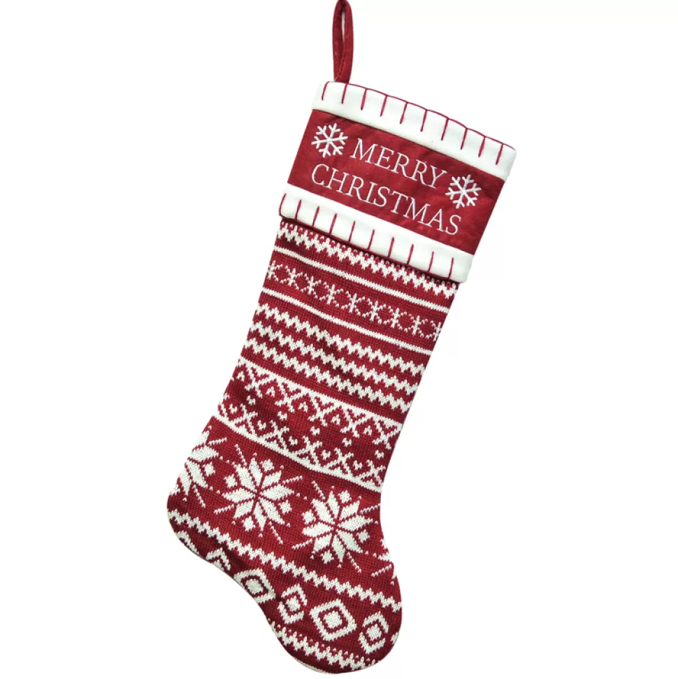 Christmas Forever STOCKING 20.5″ RED/WHITE KNITTED NORDIC PRNT W/ MERRY CHRISTMAS EMB CUFF