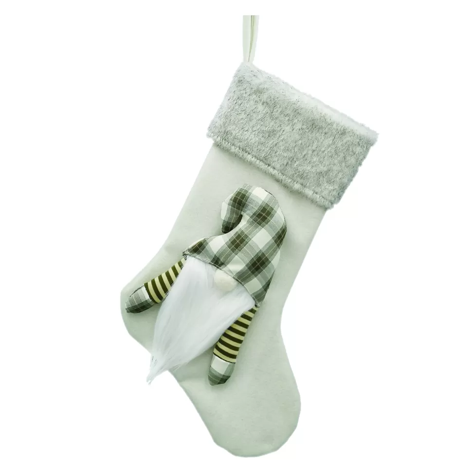 Christmas Forever STOCKING 20″ IVORY/ GREEN W/PLUSH GNOME FAUX FUR CUFF