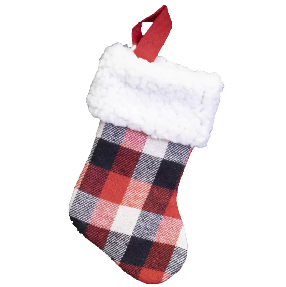 Christmas Forever STOCKING MINI 6″ RED/ BLACK/ WHITE PLAID W/FUR CUFF
