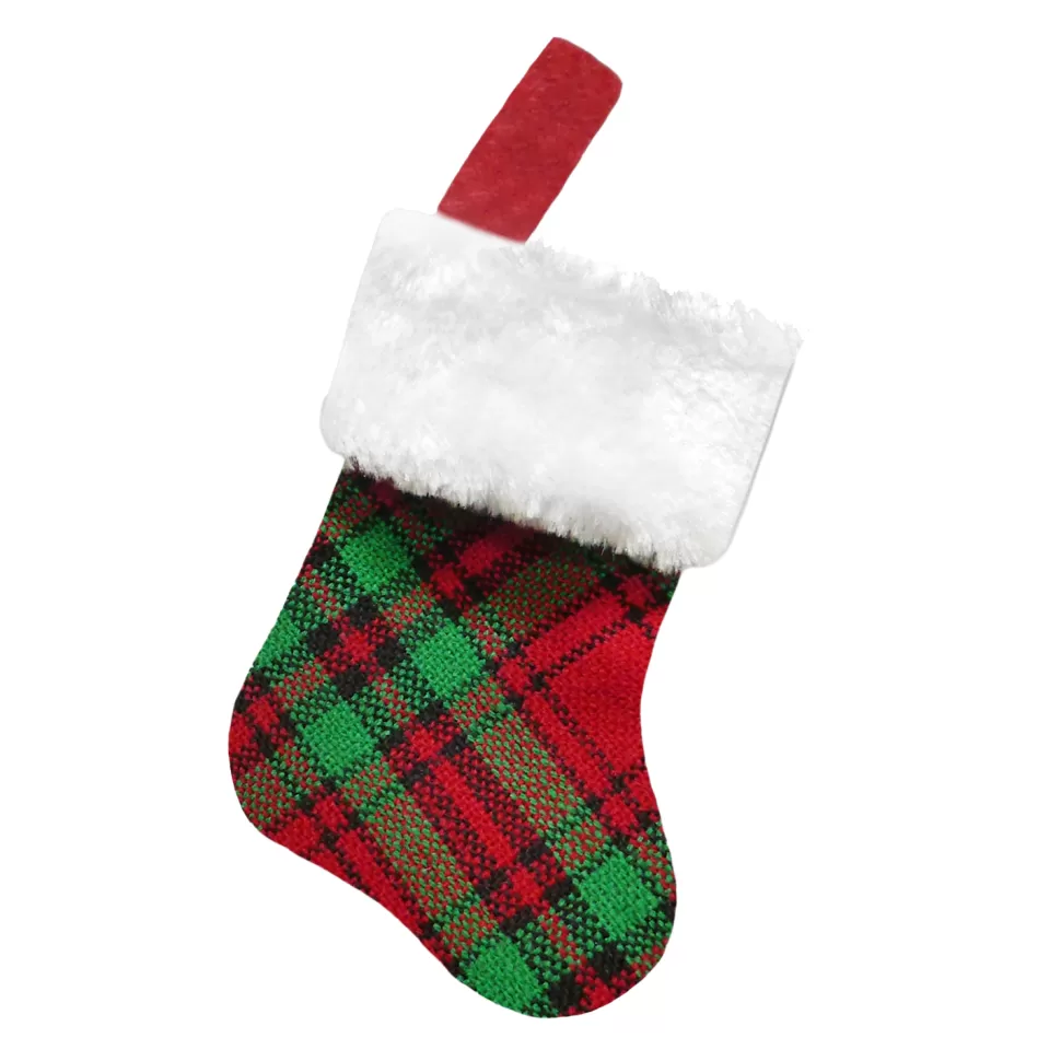 Christmas Forever STOCKING MINI 6″ RED/GREEN PLAID W/ FAUX FUR CUFF