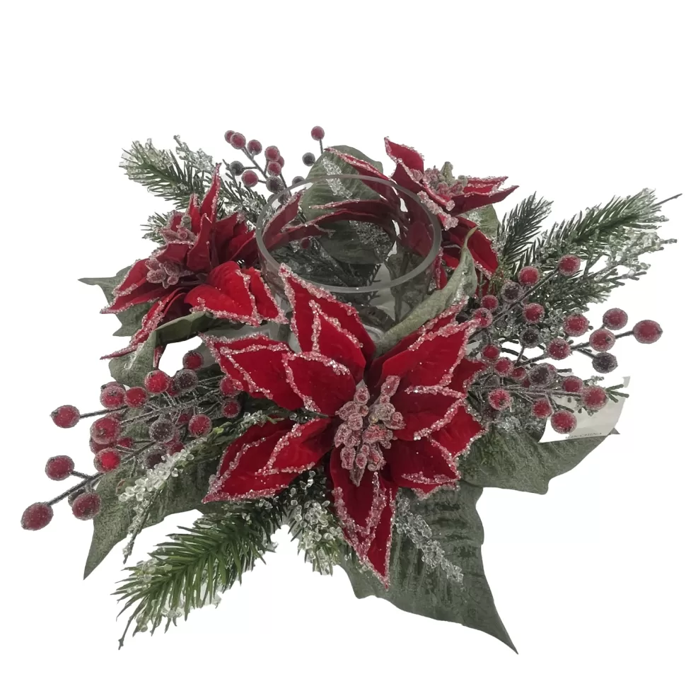 Christmas Forever TABLE DECOR RED POINSETTIA 16″ ICED W/ CANDLE HOLDER W/ MIXED GREENS & ICED RED BERRIES