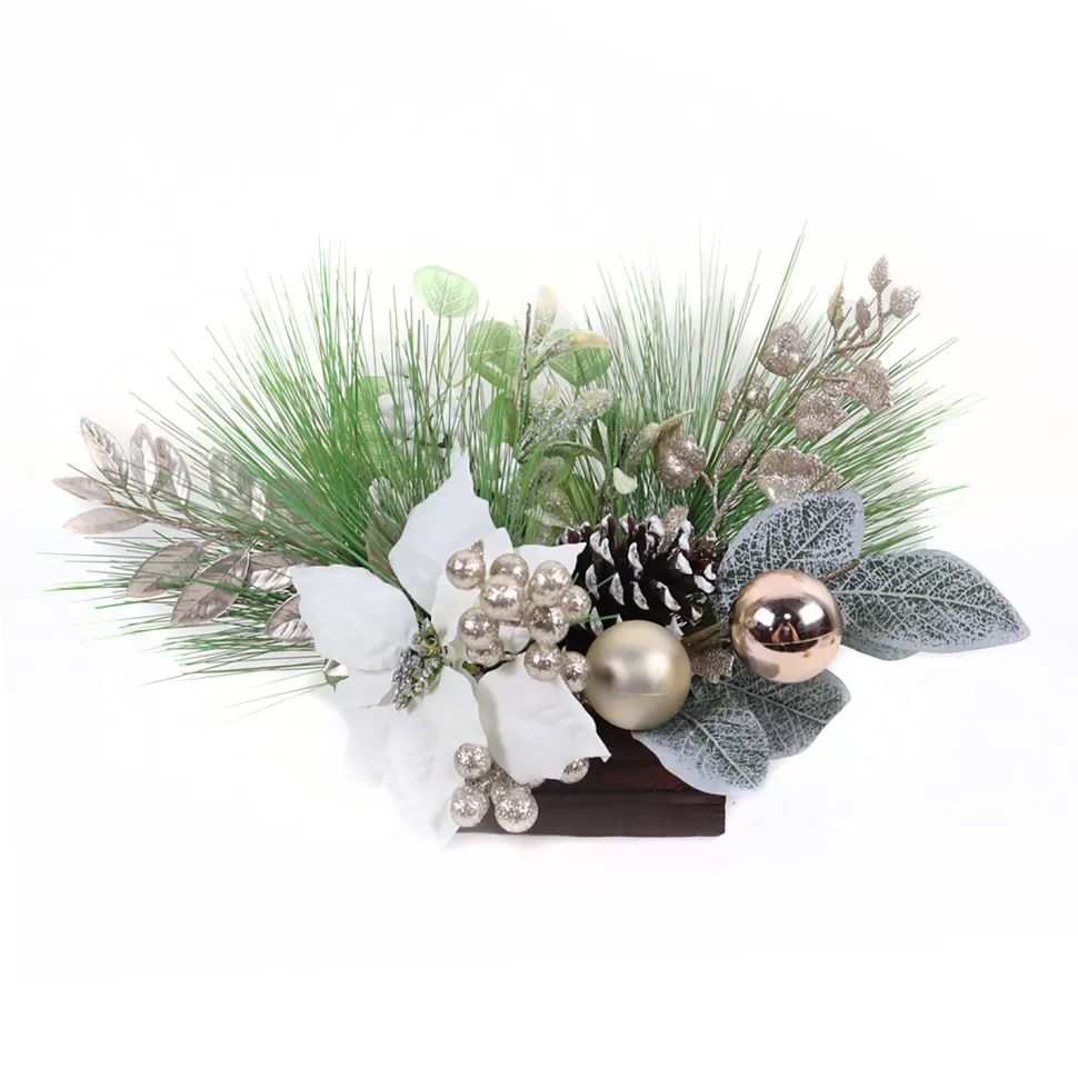 Christmas Forever TABLE DECOR WHITE POINSETTIA 16″ MIXED GREENS W/ BERRIS & CHAMPAGNE BALLS