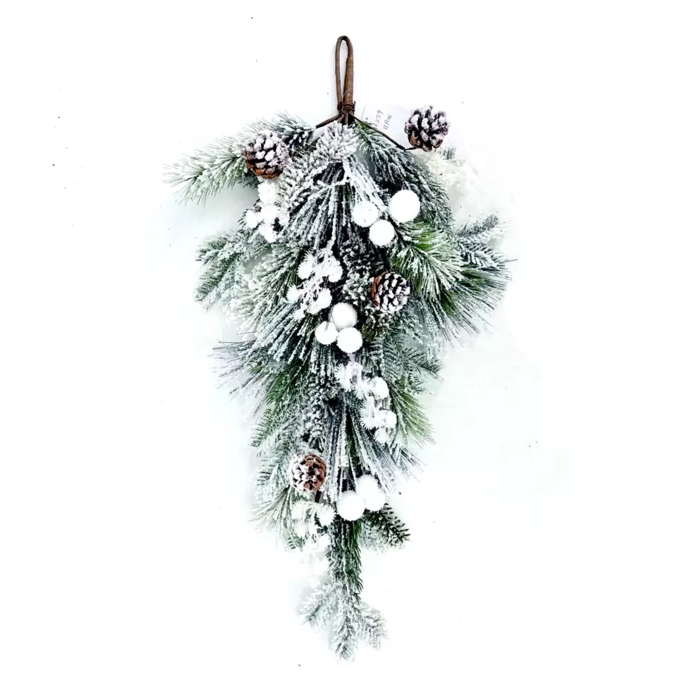 Christmas Forever TEARDROP PINE 28.5″ FLOCKED MIXED PINE W/ PINE CONES AND WHITE SNOW BALLS