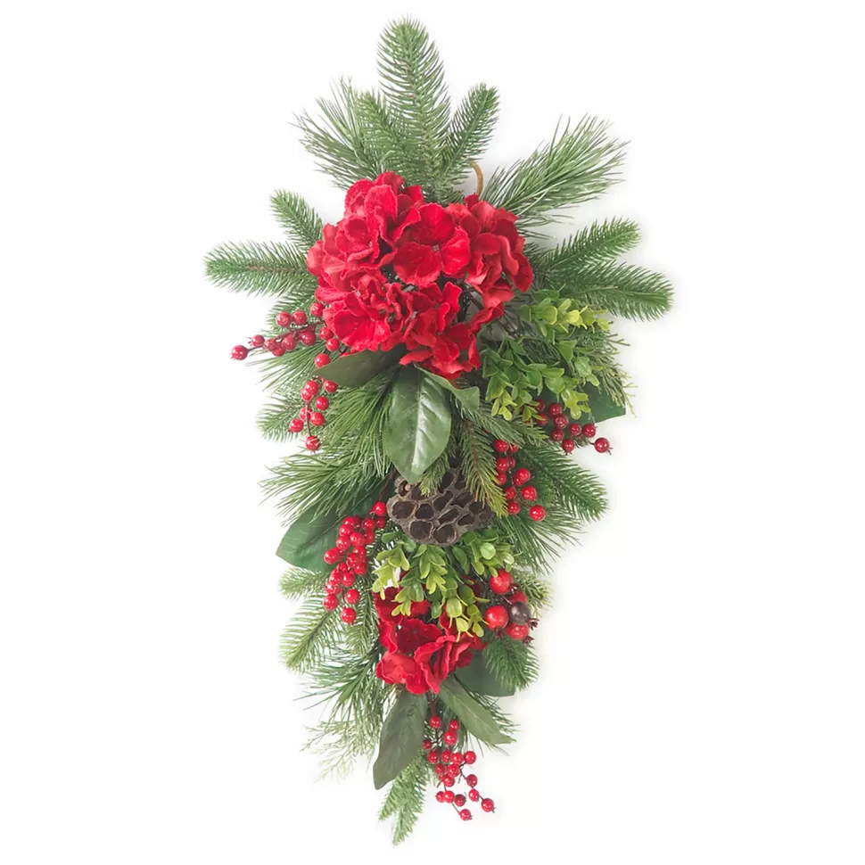 Christmas Forever TEARDROP RED HYDRANGEA 30″ W/LOTUS PODS , MIXED GREENS & RED BERRIES