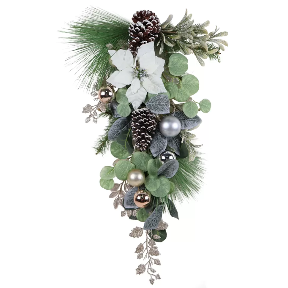 Christmas Forever TEARDROP WHITE POINSETTIA 28″ W/ MIXED GRRENS BERRIES & CHAMPAGNE BALLS