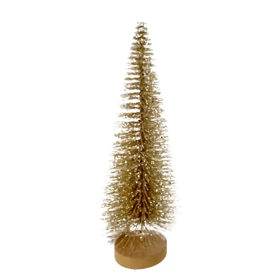 Christmas Forever TREE BOTTLE BRUSH GOLD GLTR. 14″ W/ WOOD BASE