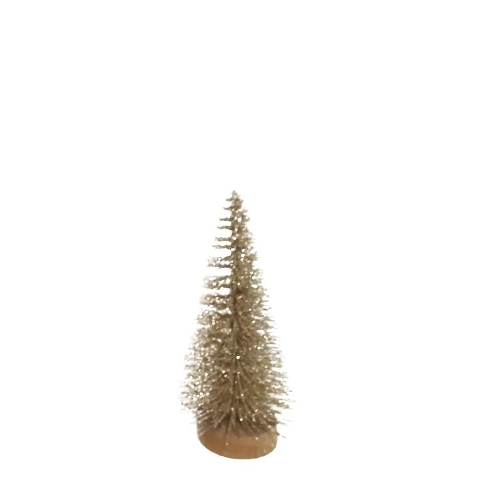 Christmas Forever TREE BOTTLE BRUSH GOLD GLTR. 8″ W/ WOOD BASE