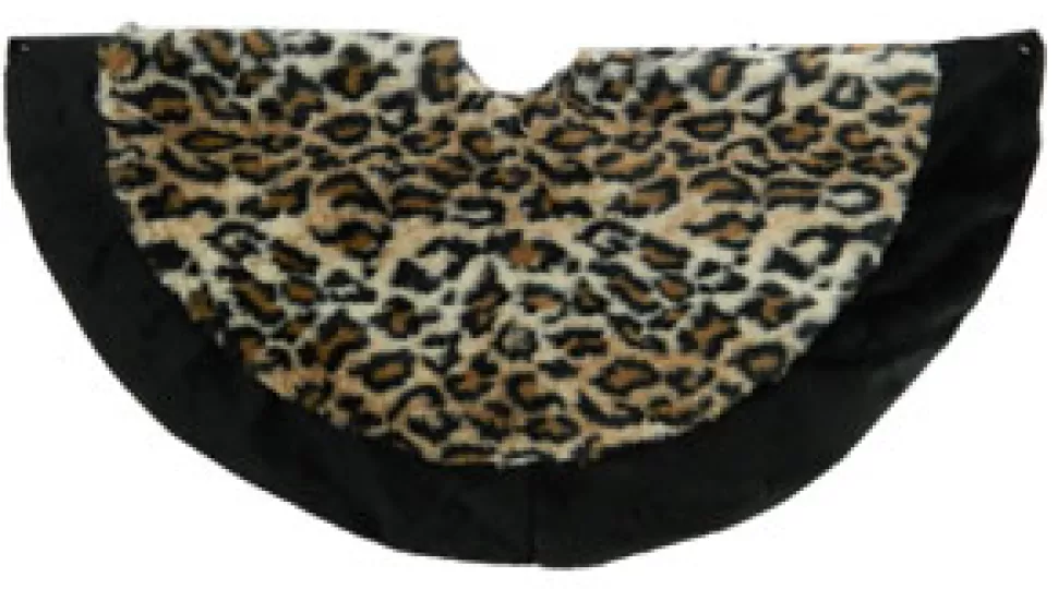 Christmas Forever TREE SKIRT 34″ BLACK/ BEIGE LEOPARD PRINT PLUSH W/ BLACK BORDER