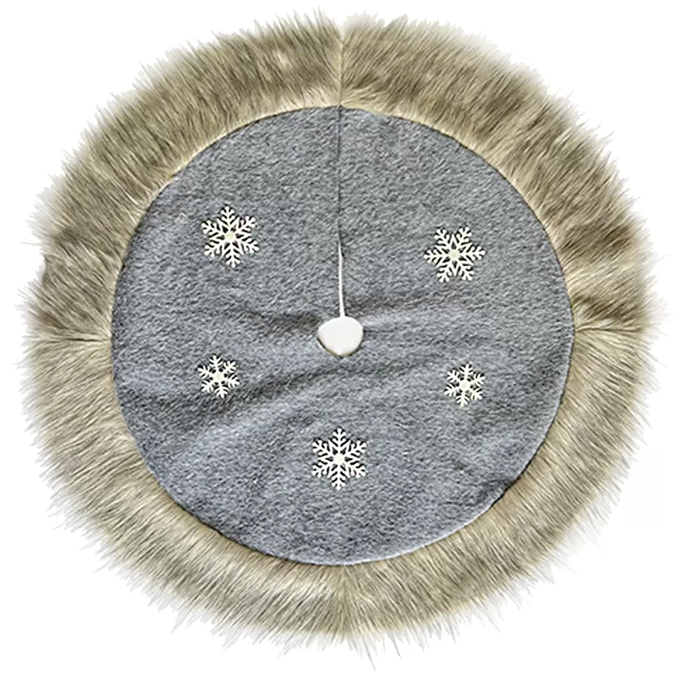 Christmas Forever TREE SKIRT 39.5″ FAUX FUR GRAY W/ SNOWFLAKE