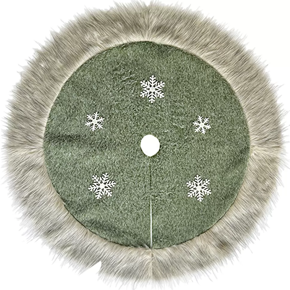 Christmas Forever TREE SKIRT 39.5″ FAUX FUR GREEN W/ SNOWFLAKE