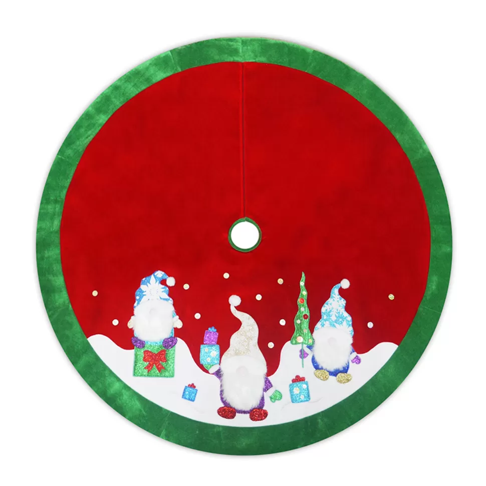 Christmas Forever TREE SKIRT 48″ RED VELVET W/ METALLIC EMBROIDERY GNOME DESIGN
